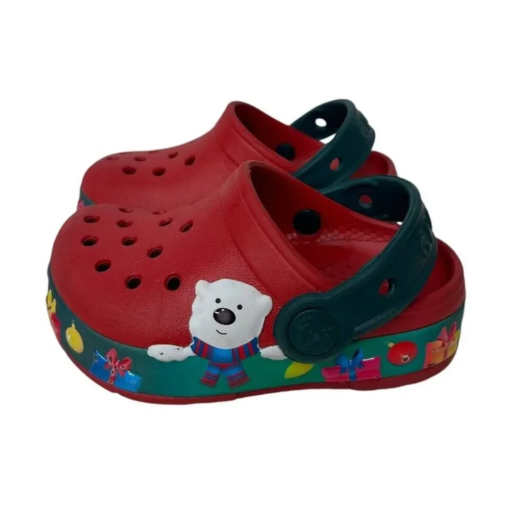 Crocs White Polar Bear‎ Red Green Christmas Holiday Light Up Shoes Toddler Sz C7